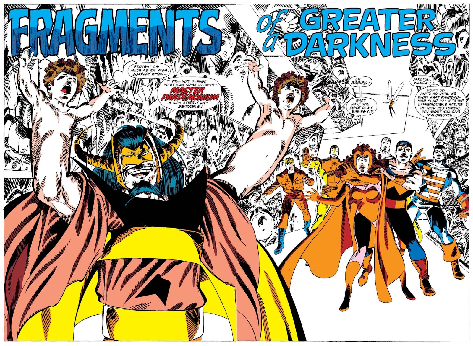 A large splash page from West Coast Avengers. Master Pandemonium's hands have, as you might guess, been replaced by screaming babies.