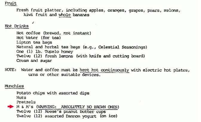 partial excerpt of Van Halen's tour rider, with one line highlighted: M&M's (WARNING: ABSOLUTELY NO BROWN ONES)